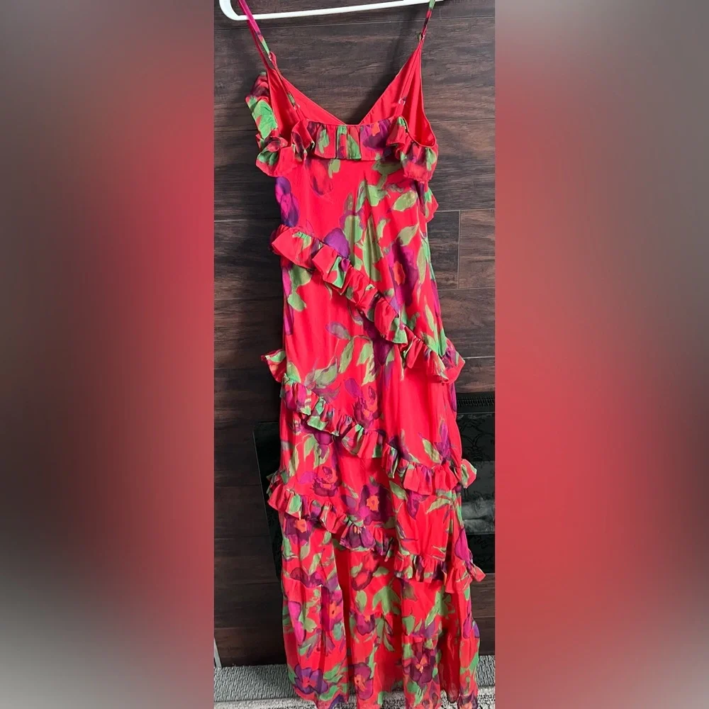 Nasty Gal Red Floral Ruffle Chiffon Maxi Dress Size 6 - Picture 4 of 7